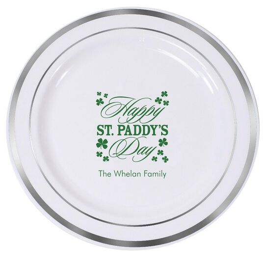 Happy St. Paddy's Day Clover Premium Banded Plastic Plates